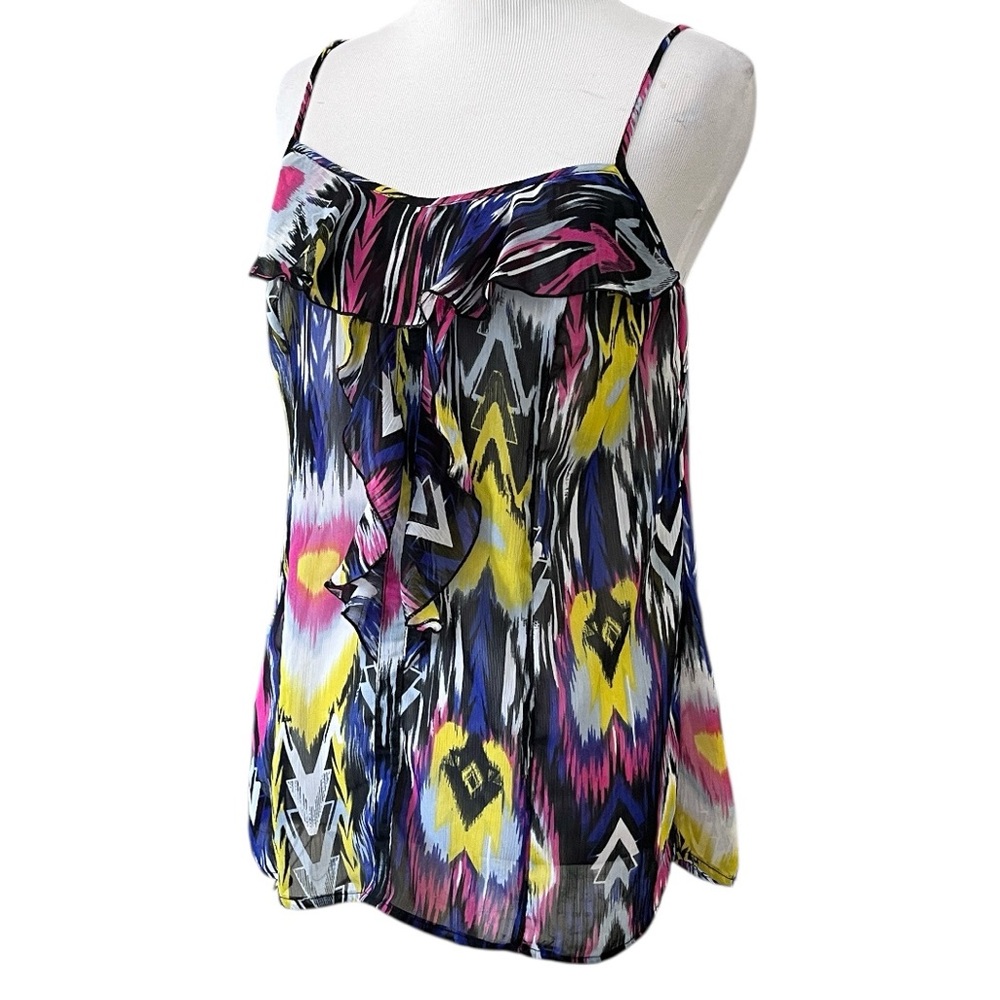 FIRE LOS ANGELES SEMI SHEER RUFFLE FRONT CAMI BLOUSE MULTICOLORED SIZE MEDIUM